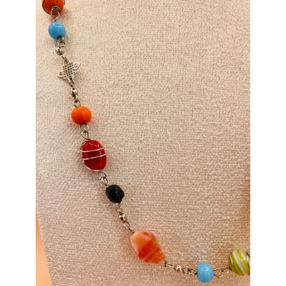 Multicolor Lampwork Art Glass Bead Necklace and Bracelet Set Silver Tone Boho - Picture 3 of 6